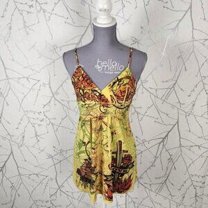 Tutu Yellow Artsy Y2K Printed Stretch Knit Strappy Babydoll Tank